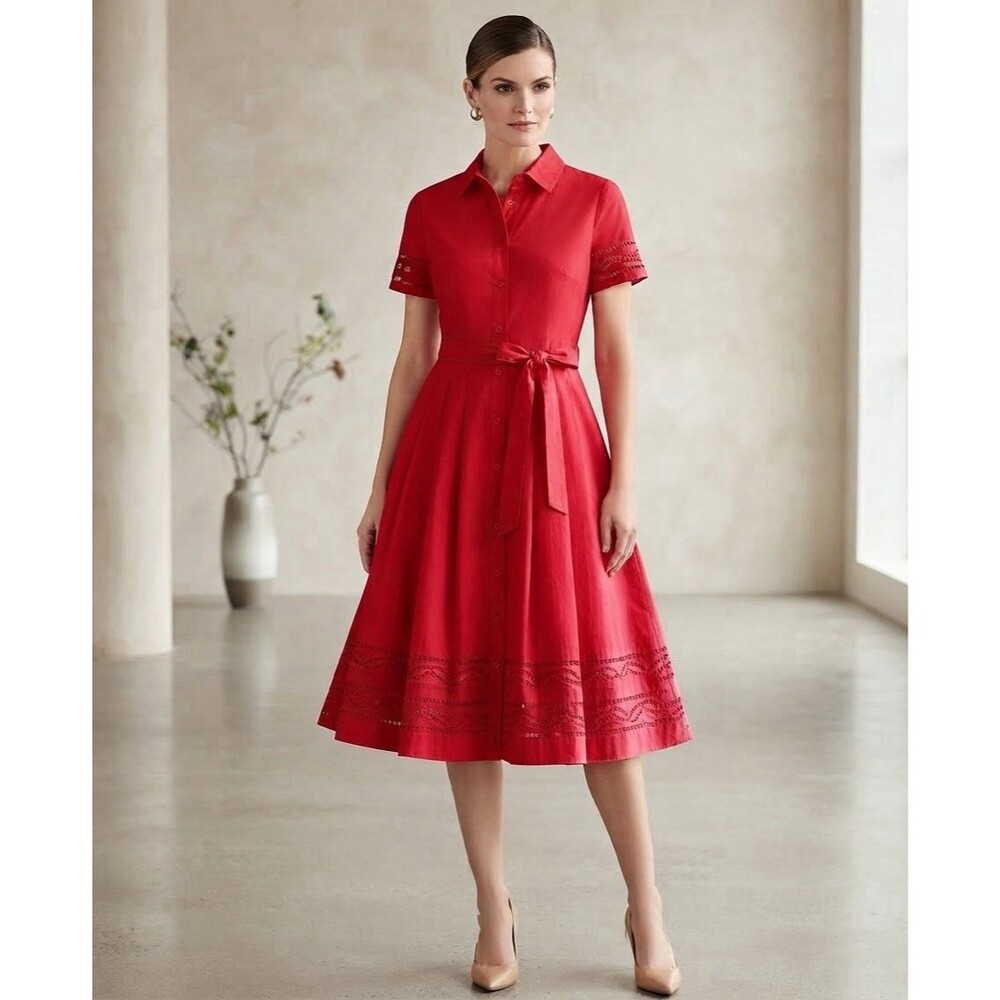 Talbots Red 100% Cotton Shirt Dress With Pockets Embroidered Belted Midi Sz 14